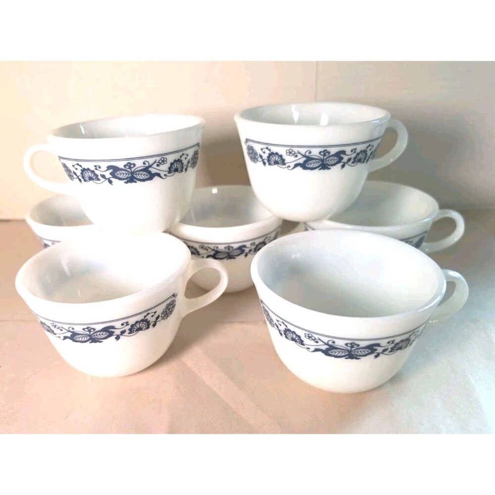 Vintage Pyrex Old Town Blue Onion Tea Cup Coffee Cup Milk Glass Lot of 7 EUC